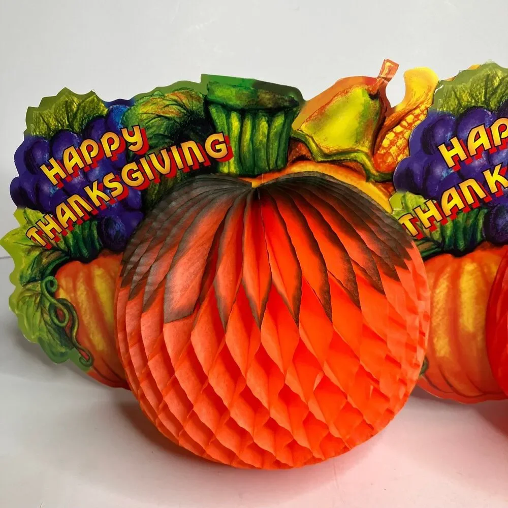 Happy Thanksgiving Honeycomb Crepe Paper Pumpkins Lot Of 2 Centerpieces